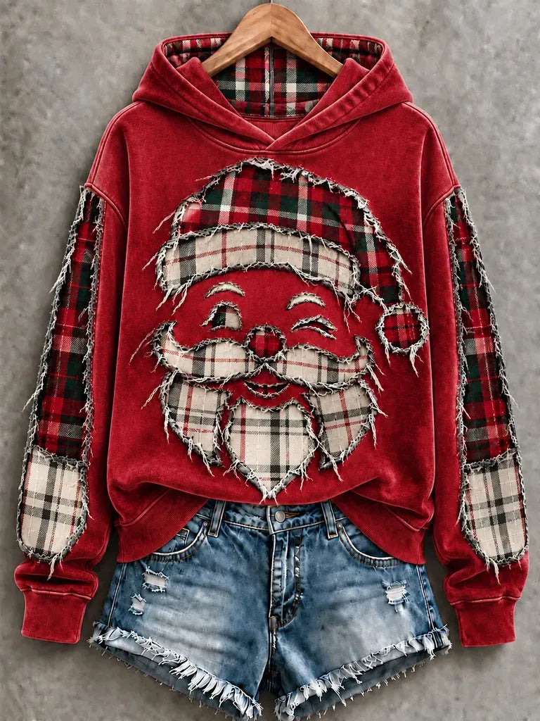 ✨Early Bird Christmas | Buy 3, Get 20% Off the Lowest-Priced Item✨Vintage Green Buffalo Plaid Distressed Santa Christmas Hoodie