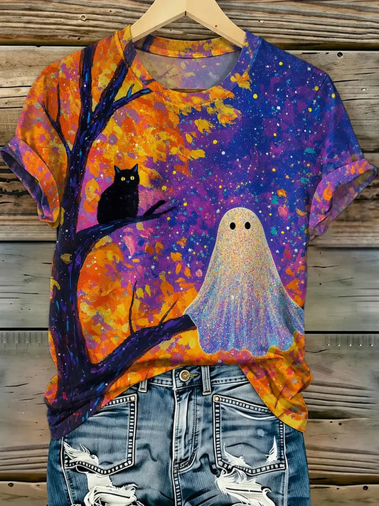 Women's Retro Halloween Theme Cat Ghost Print Casual T-shirt