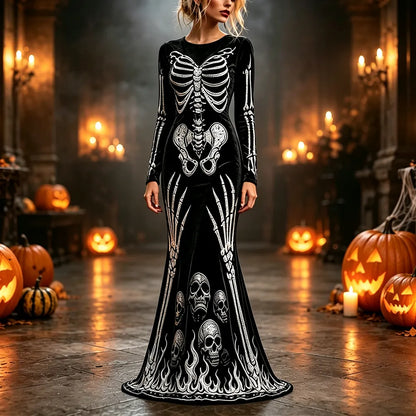 Women's Halloween Velvet Long Sleeve Maxi Dress - Spooky X-ray Skeleton Bones, Skulls And Flames Print Gown