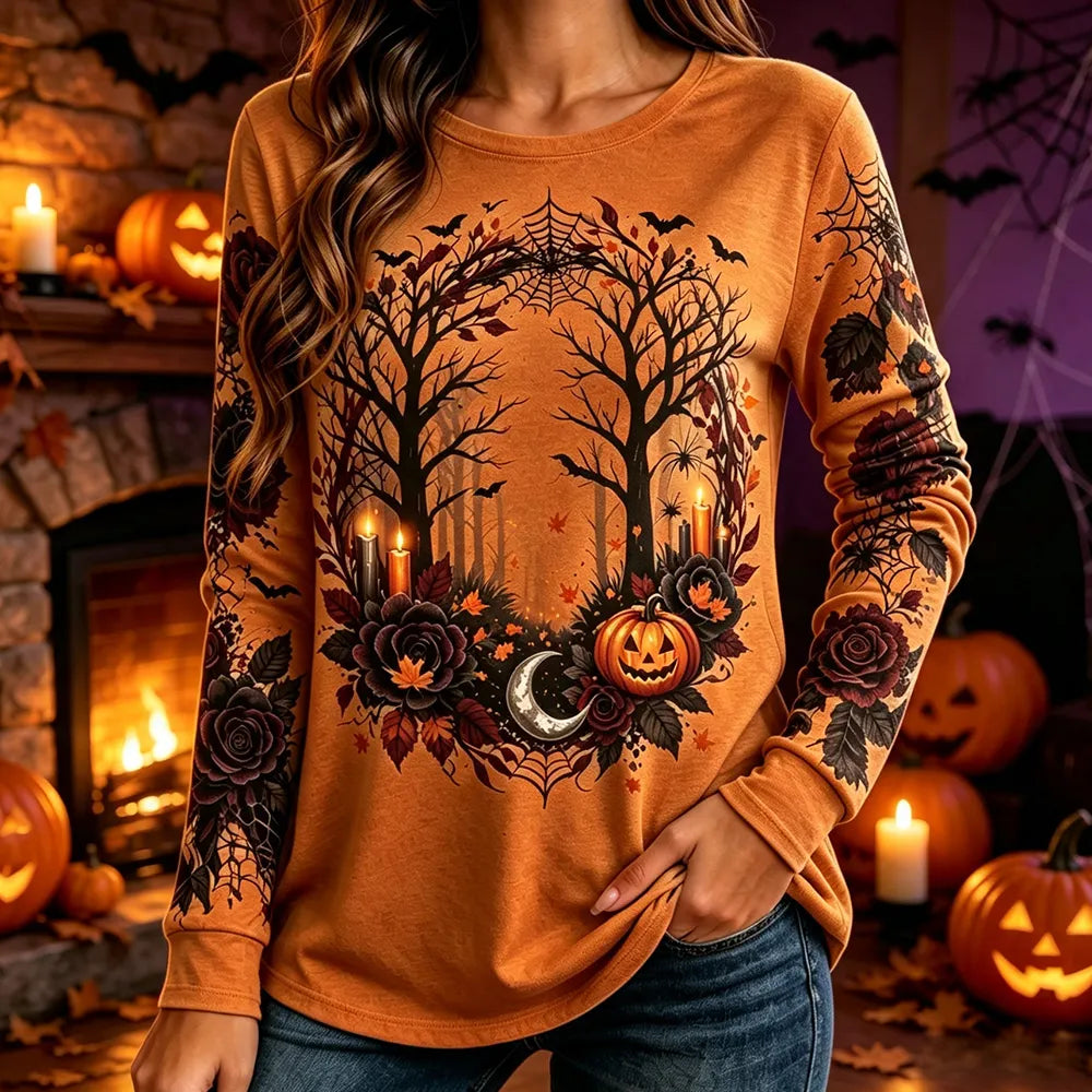 Women's Halloween Spooky Pumpkin And Rose Print Long-sleeve Casual Sweatshirt