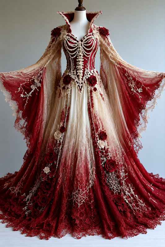 Women's Halloween-themed Spiderweb Embroidery Gradient Irregular Role-Playing Cape-Style Batwing Sleeve Stand Collar Dress  9861