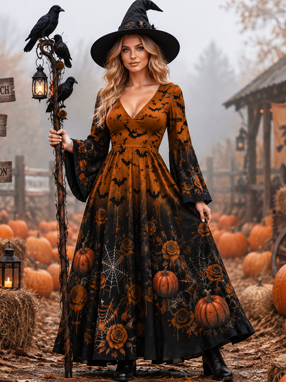 Women's Halloween Cosplay Maxi Dress - Spooky Jack-o'-lanterns, Roses And Spider Webs Print Flowy Dress