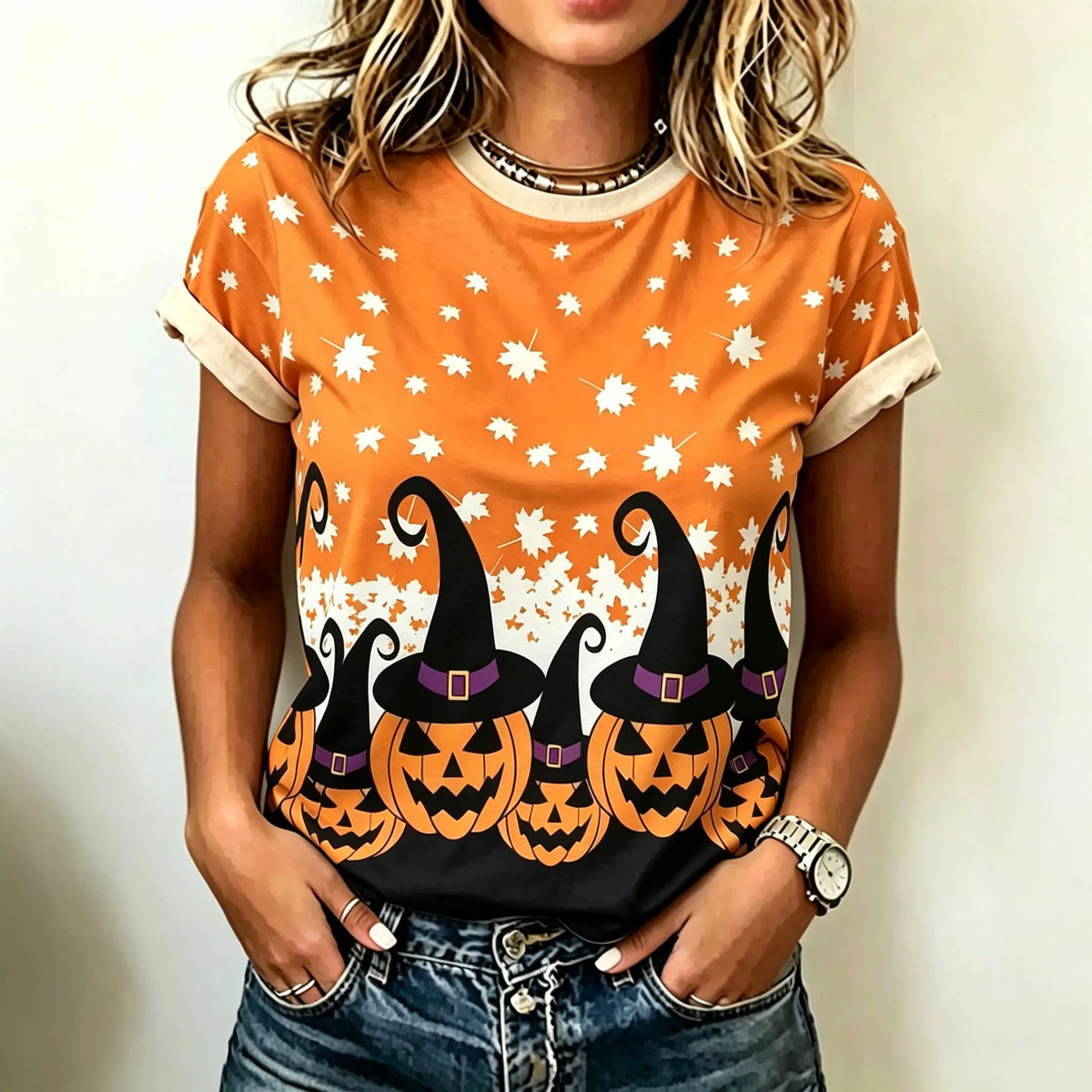 Women's Retro Halloween Maple Pumpkin Print Casual T-shirt