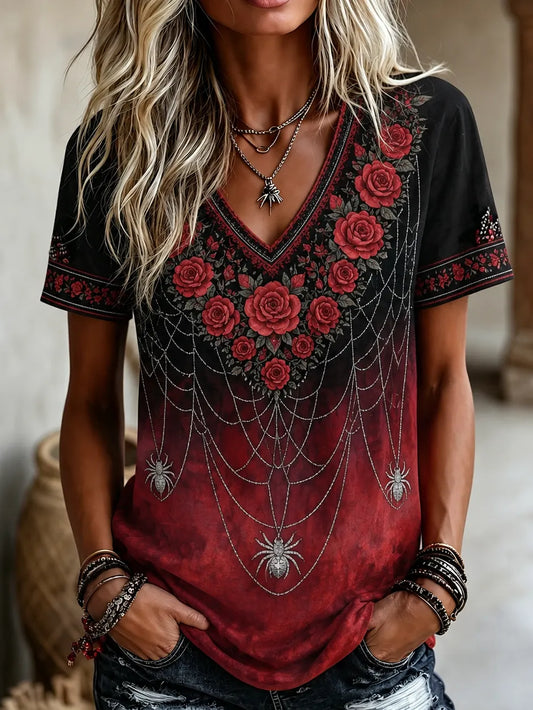 Vintage Gothic Spider Flower Embroidery V Neck Short Sleeve Top