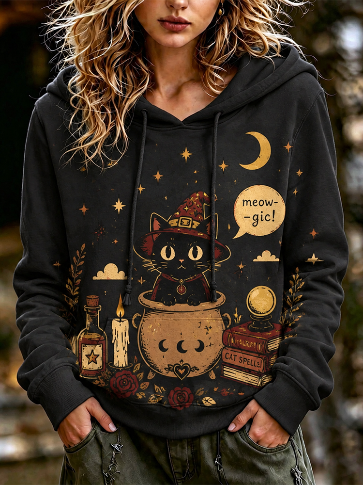 Women's Black Meowgic Witch Cat Cauldron Magic Pot Print Long Sleeve Hoodie