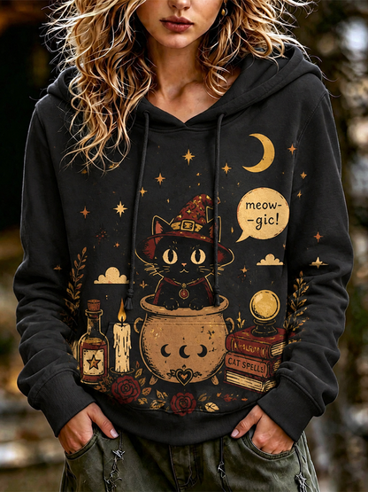 Women's Black Meowgic Witch Cat Cauldron Magic Pot Print Long Sleeve Hoodie