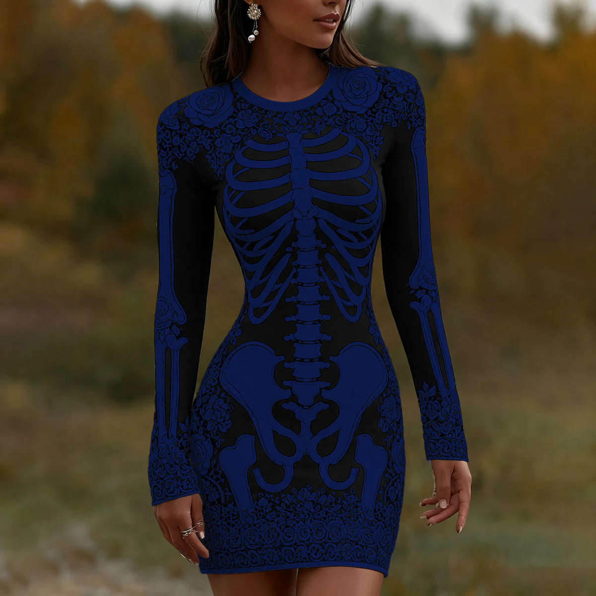 Women's Vintage Halloween Skeleton Bones With Rose Art  Mini Dress