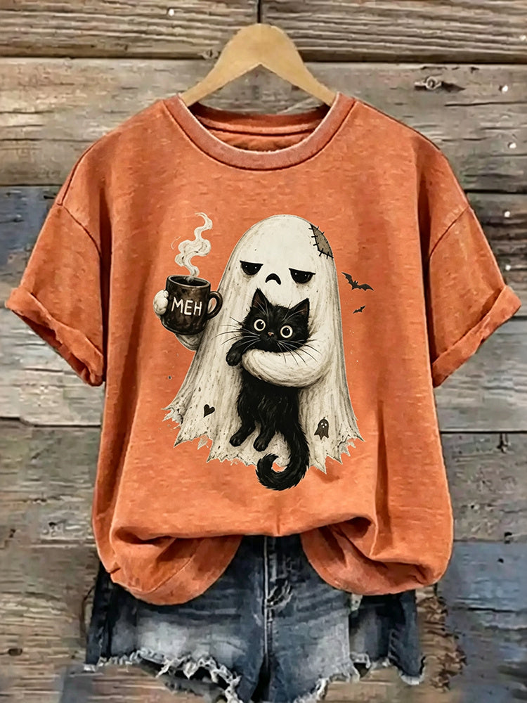Abstract Creative Ghost Cat Spooky Black Cat Graphic Funny Introvert Halloween Coffee Lover Casual T-shirt