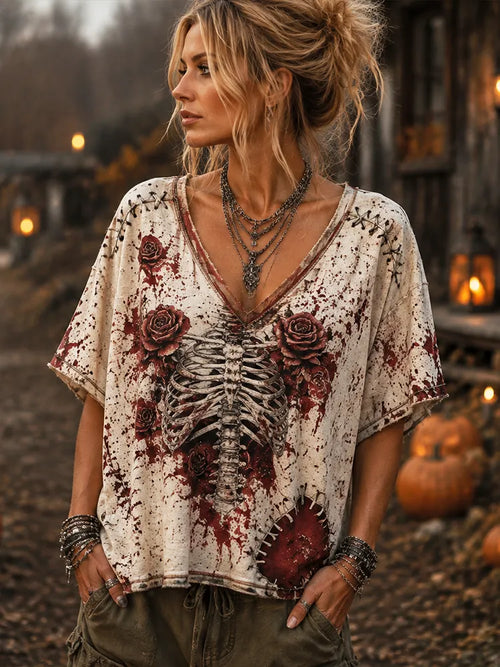 Women's Gothic V-neck Casual Top - Blood Splatter, Anatomical Ribcage And Roses Print Loose Blouse