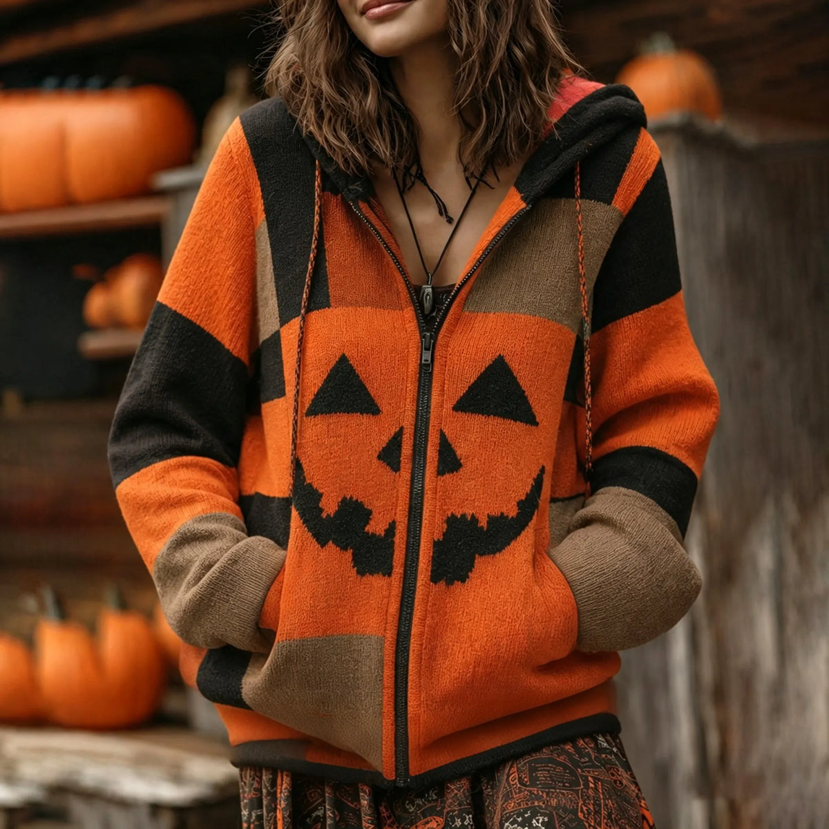 Patchwork Halloween Pumpkin Face Art  Cozy Knit Hooded Cardigan