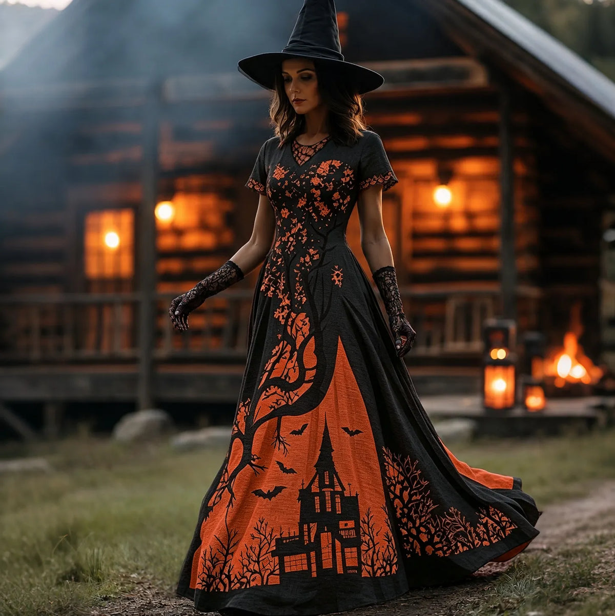 Women's Halloween Gradient Treehouse Design Witch V-neck Short Sleeves Maxi Dress