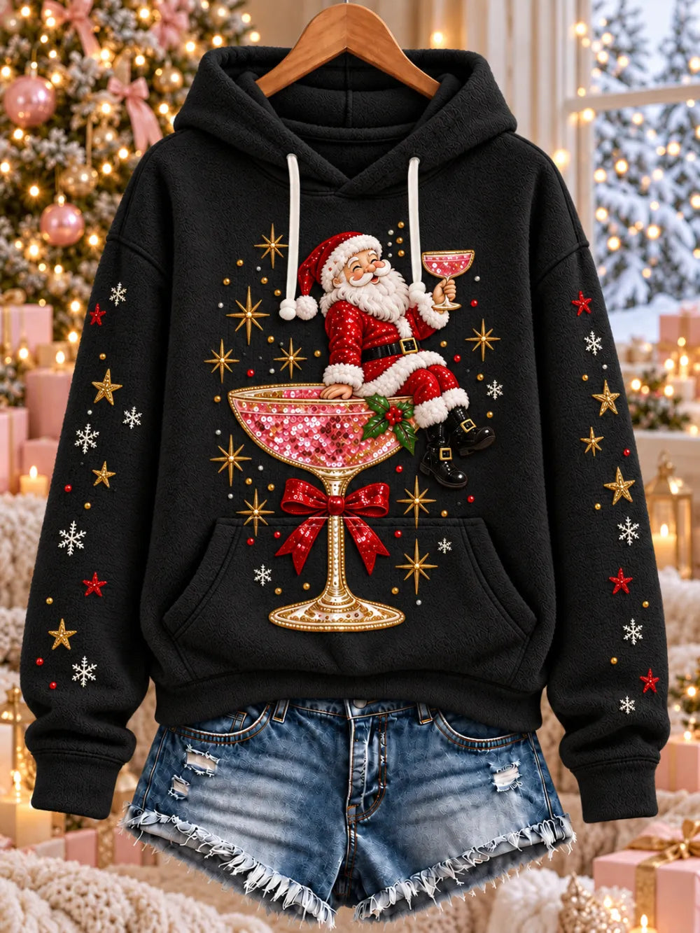 Women'S Christmas Themed Printed Flannel Hoodie