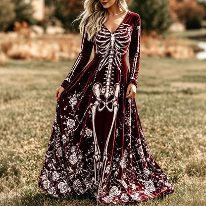 Women's Vintage Skeleton Roses Art Print V Neck Long Sleeve Velvet Maxi Dress
