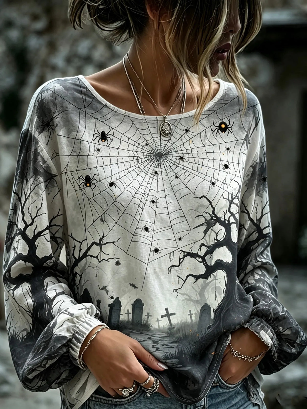Women's Retro Halloween-themedn Spiderweb Prit Top