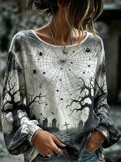 Women's Retro Halloween-themedn Spiderweb Prit Top