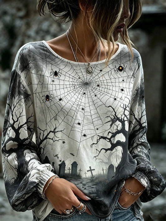 Women's Retro Halloween-themedn Spiderweb Prit Top