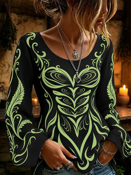 Women's Halloween Green Fluorescent Art Elegant Round Neck Long Sleeve Top