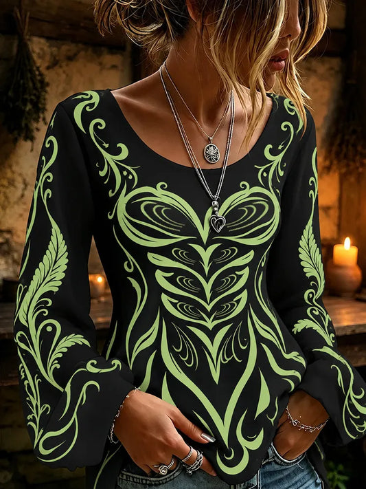 Women's Halloween Green Fluorescent Art Elegant Round Neck Long Sleeve Top