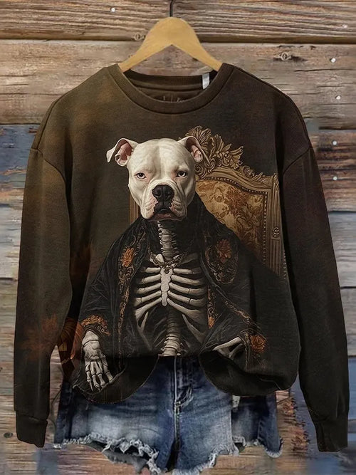 Women's Retro Halloween Dog Skeleton Art Print Casual Sweatshirt