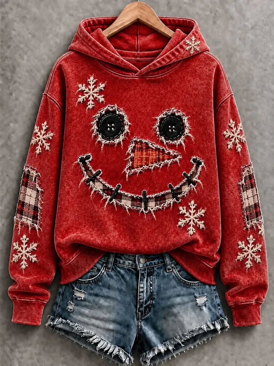 Cute Snowman Face Button & Plaid Patchwork Blue Distressed Hoodie