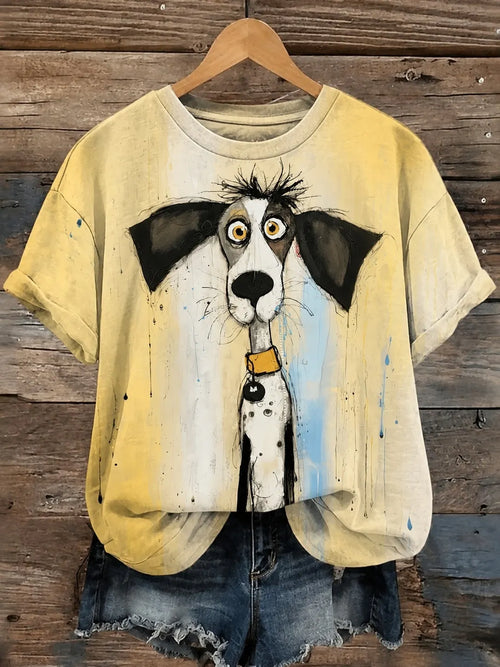 Women's Retro Dog Art Print Casual Short Sleeve T-shirt