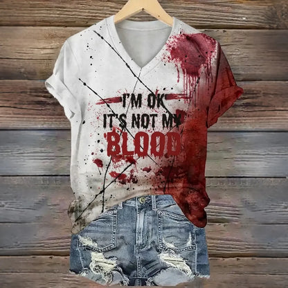 Women's Vintage Bloody I Am Ok It's Not My Bloody Halloween Art Printed Short Sleeve T-shirt