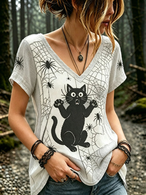 Women's Vintage Shock Spider Black Cat Patchwork Art Short Sleeve T-shirt