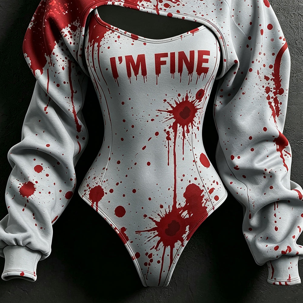 Women's Retro Halloween Bloodstain I'm Fine Print Hoodie Two-piece Set