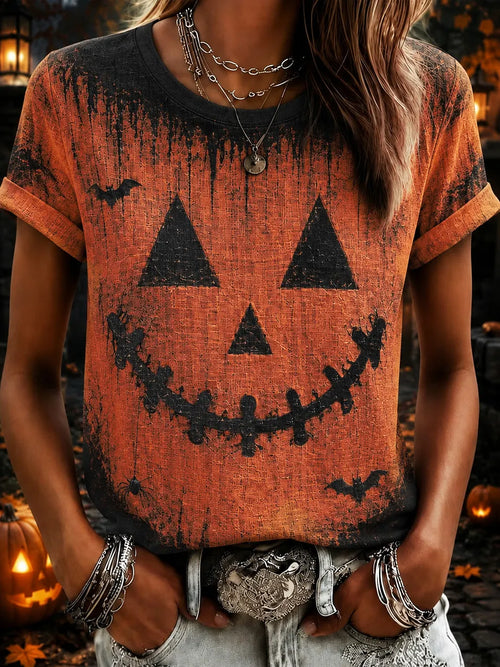 Women's Halloween Pumpkin Face Art Print T-shirt