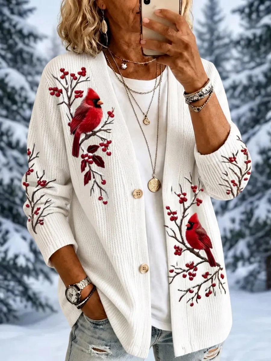 Women'S Christmas Cardinal-Themed V Neck Knit Cardigan