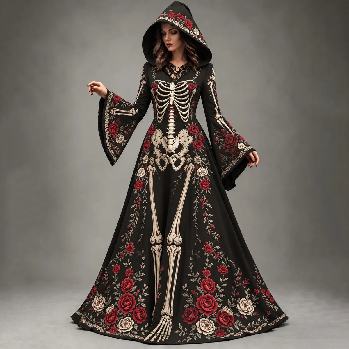 Women's Halloween Gothic Skeleton & Rose Floral Long-sleeve Hooded Long Dress