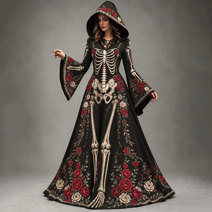 Women's Halloween Gothic Skeleton & Rose Floral Long-sleeve Hooded Long Dress