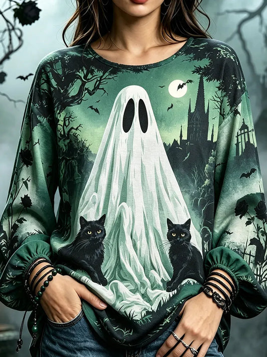 Women's Green Crewneck Long-sleeve Top With Giant Ghost And Black Cats Graphic Print