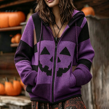Patchwork Halloween Pumpkin Face Art  Cozy Knit Hooded Cardigan