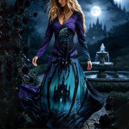 Women's Gothic Halloween Spider Pattern Long-sleeve Dress Over The Castle