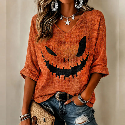 Women's Halloween Pumpkin Face Art Waffle Casual V-neck Short Sleeve Top