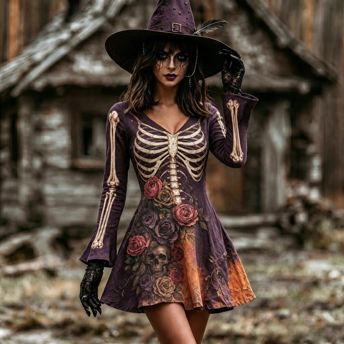 Women's Halloween Skull And Floral Gothic Patterns Art V Neck Mini Dress