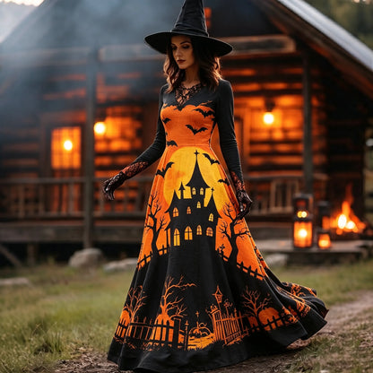 Women's Vintage Halloween Art Print V Neck Long Sleeve Maxi Dress