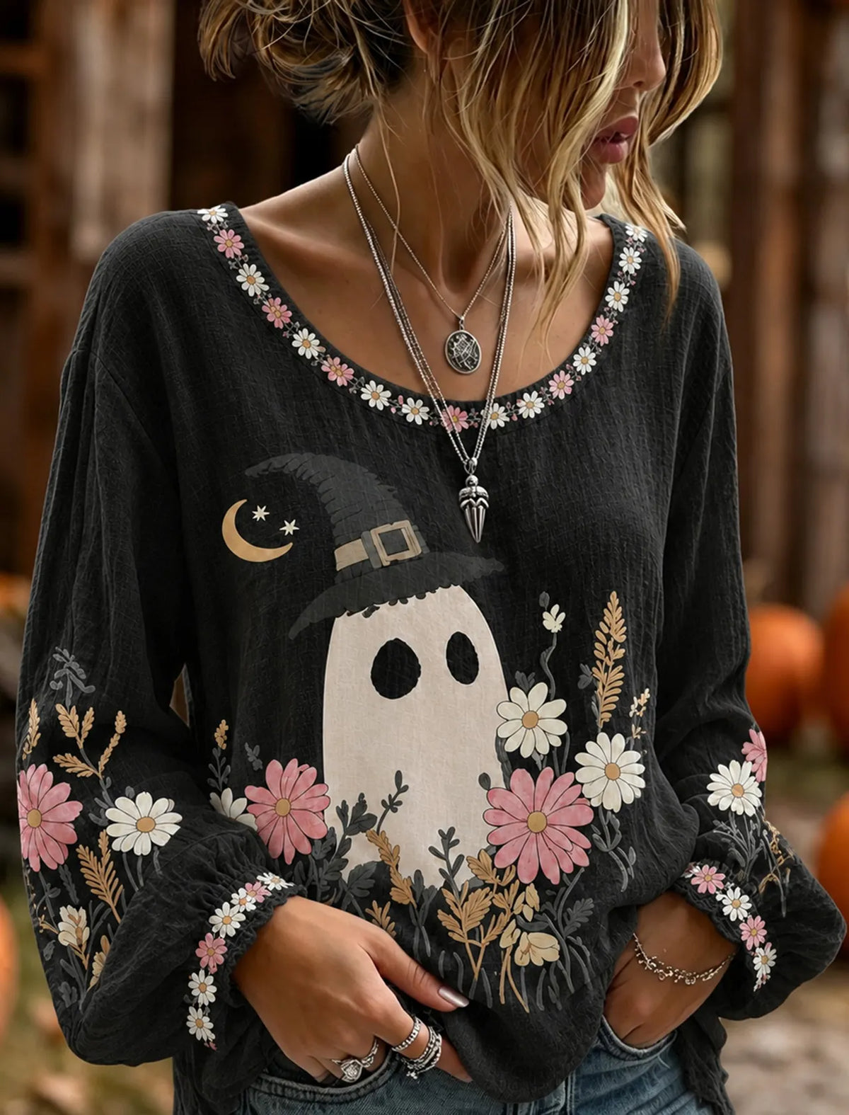 Women's Halloween Ghost With Floral Art Embroidered Linen Blend Round Neck Long Sleeve Tops