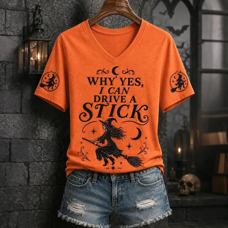 Women's Retro 'yes, Actually, I Can Drive A Manual' Halloween Print Casual V-neck T-shirt