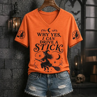 Women's Retro 'yes, Actually, I Can Drive A Manual' Halloween Print Casual V-neck T-shirt