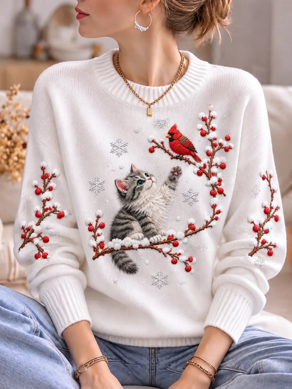 Women'S Christmas Cat Bird Red Plum Blossom Pattern Round Neck Top