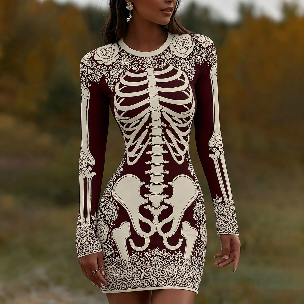 Women's Vintage Halloween Skeleton Bones With Rose Art  Mini Dress
