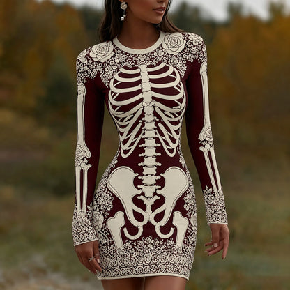 Women's Vintage Halloween Skeleton Bones With Rose Art  Mini Dress