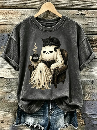 Abstract Creative Cute Ghost Reading Book Black Cat Spooky Coffee Halloween Art Casual T-shirt