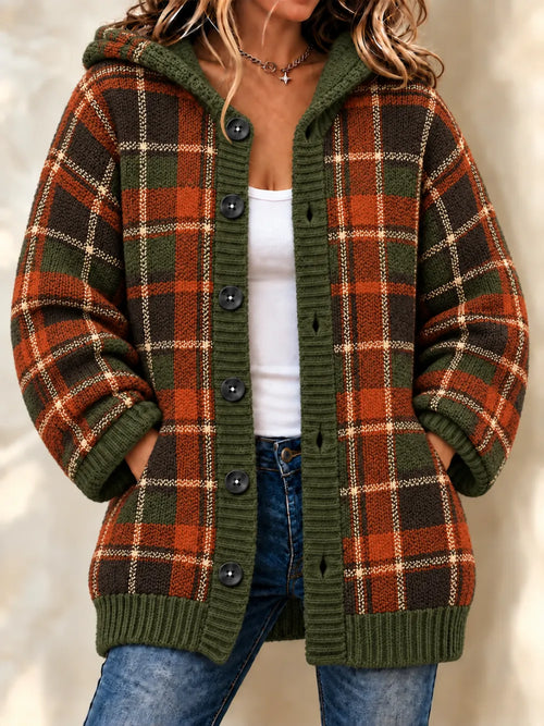 Women'S Grid Casual Hooded Long Cardigan