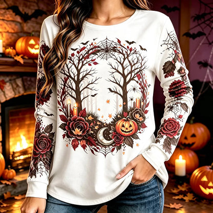 Women's Halloween Spooky Pumpkin And Rose Print Long-sleeve Casual Sweatshirt