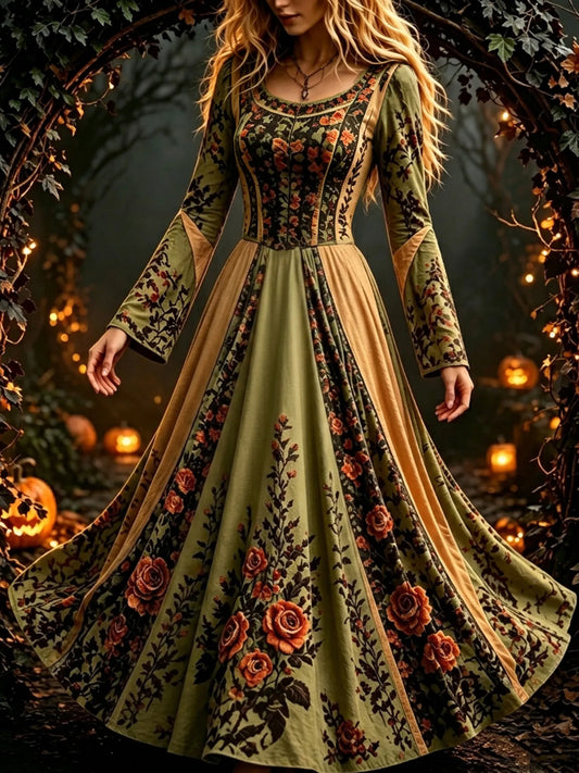 Women's Retro Floral Pattern Long-sleeved Dress