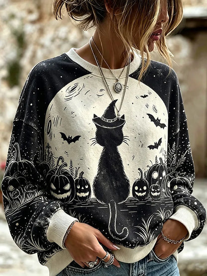 Women's Halloween Retro Witch Black Cat Moon Pumpkin Bat Pattern Distressed Loose Casual Top