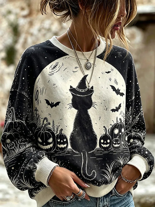 Women's Halloween Retro Witch Black Cat Moon Pumpkin Bat Pattern Distressed Loose Casual Top